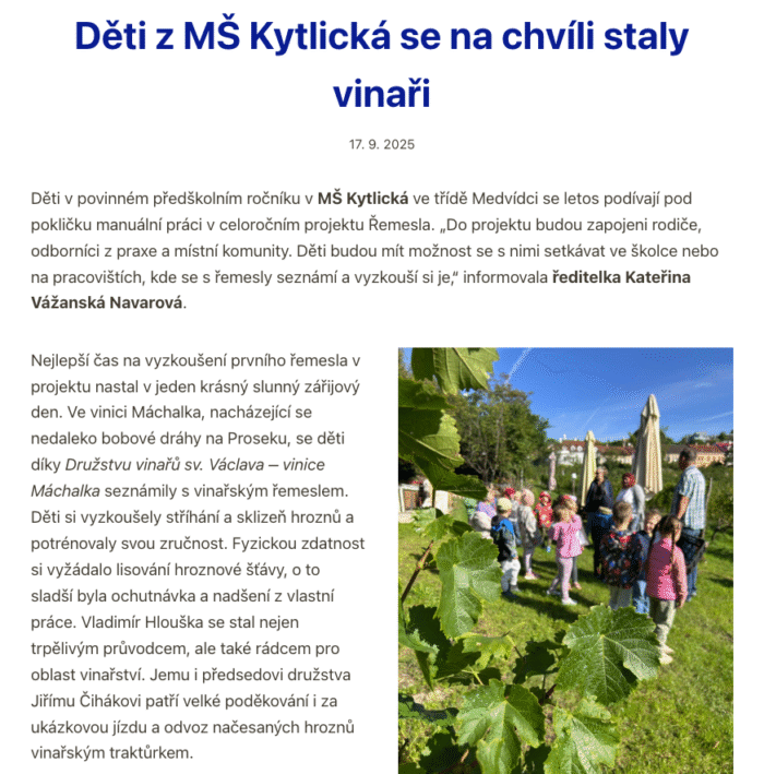 Napsali o nás – Děti z MŠ Kytlická se na chvíli staly vinaři
