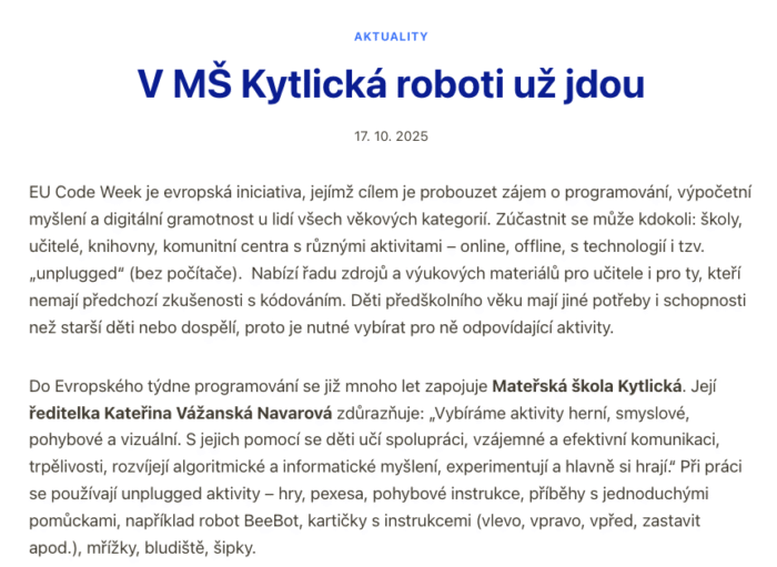 Napsali o nás – V MŠ Kytlická roboti už jdou